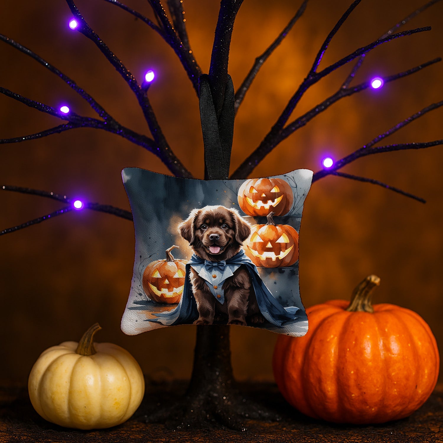 Chocolate Newfoundland Puppy Halloween Hanging Square Fabric Ornament 3.5 × 3.5 Decorative Door-Knob & Tree Hanger, Soft Fabric