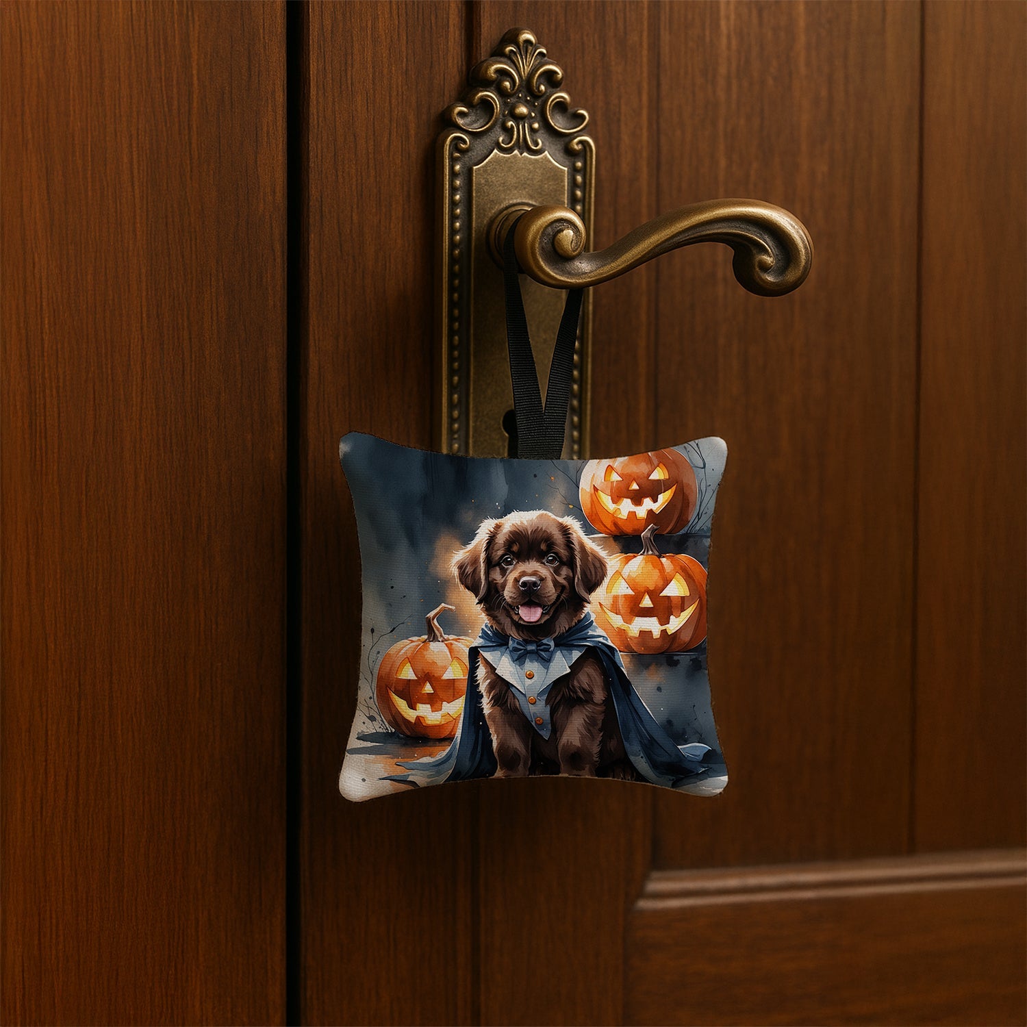 Chocolate Newfoundland Puppy Halloween Hanging Square Fabric Ornament 3.5 × 3.5 Decorative Door-Knob & Tree Hanger, Soft Fabric