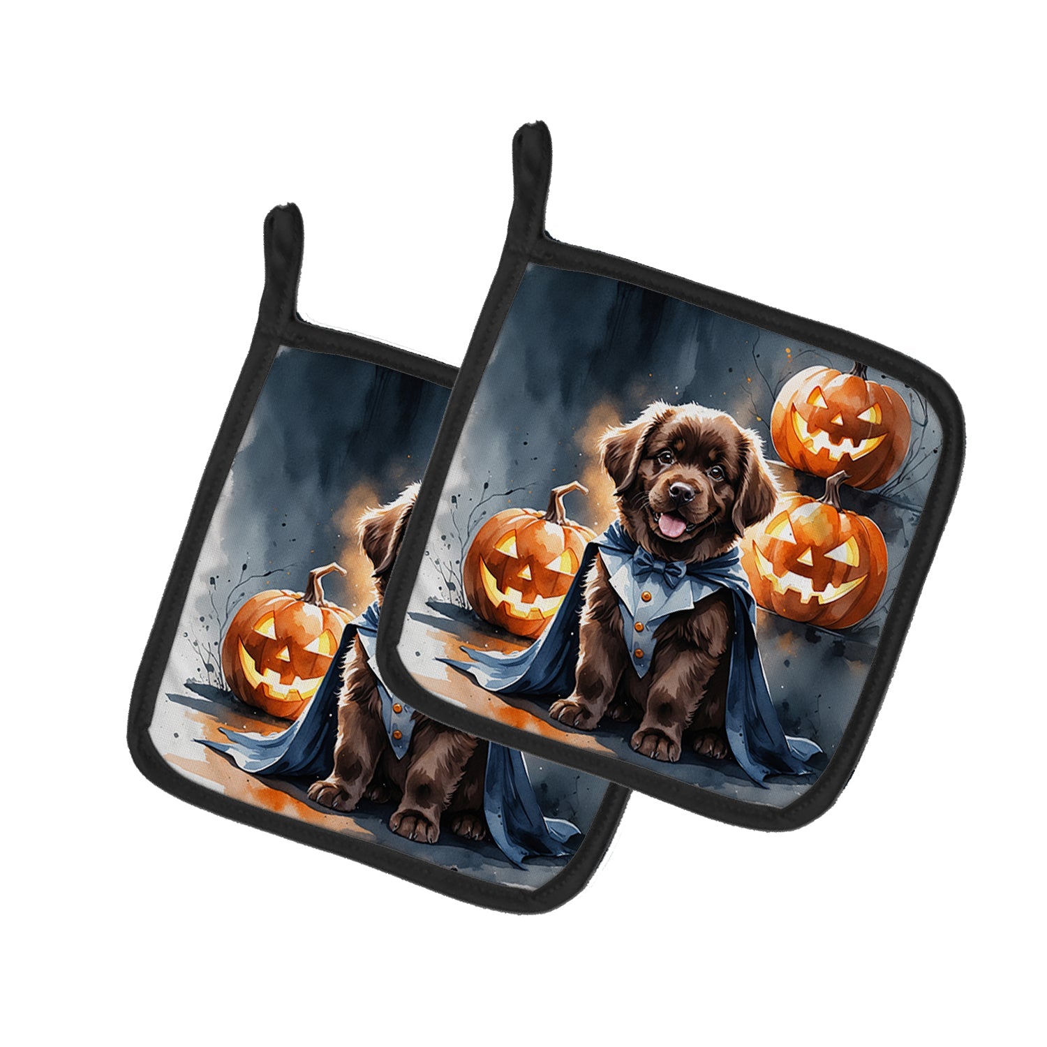 Chocolate Newfoundland Puppy Halloween Pot Holder Set of 2 Heat Resistant Quilted Hot Pads 7.5 x 7.5 Inch, Insulated Kitchen Trivets for Cooking & Baking