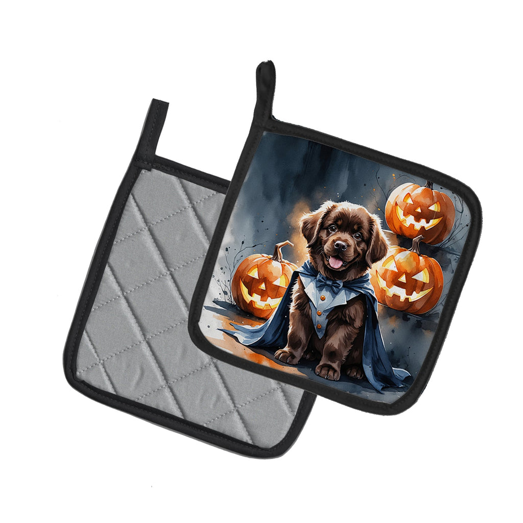 Chocolate Newfoundland Puppy Halloween Pot Holder Set of 2 Heat Resistant Quilted Hot Pads 7.5 x 7.5 Inch, Insulated Kitchen Trivets for Cooking & Baking