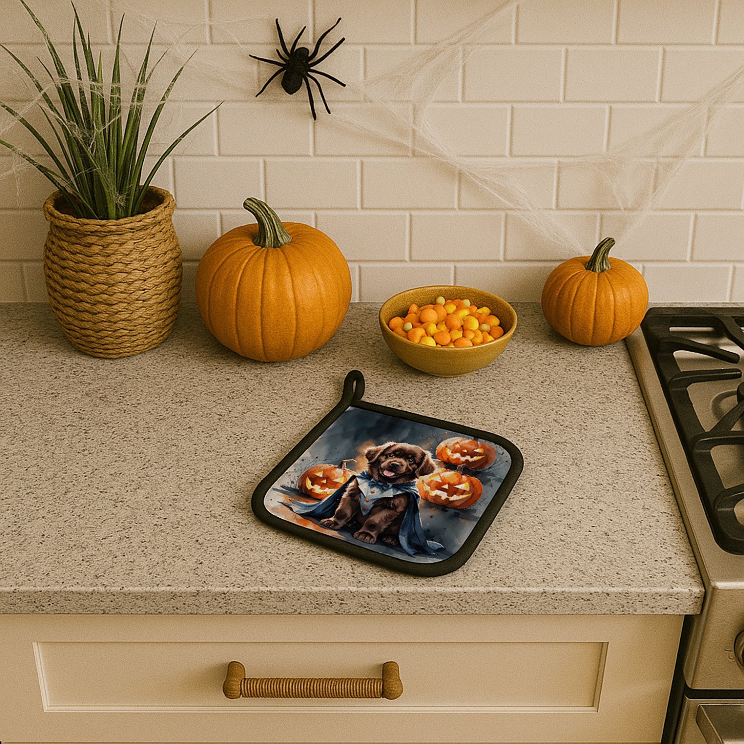 Chocolate Newfoundland Puppy Halloween Pot Holder Set of 2 Heat Resistant Quilted Hot Pads 7.5 x 7.5 Inch, Insulated Kitchen Trivets for Cooking & Baking