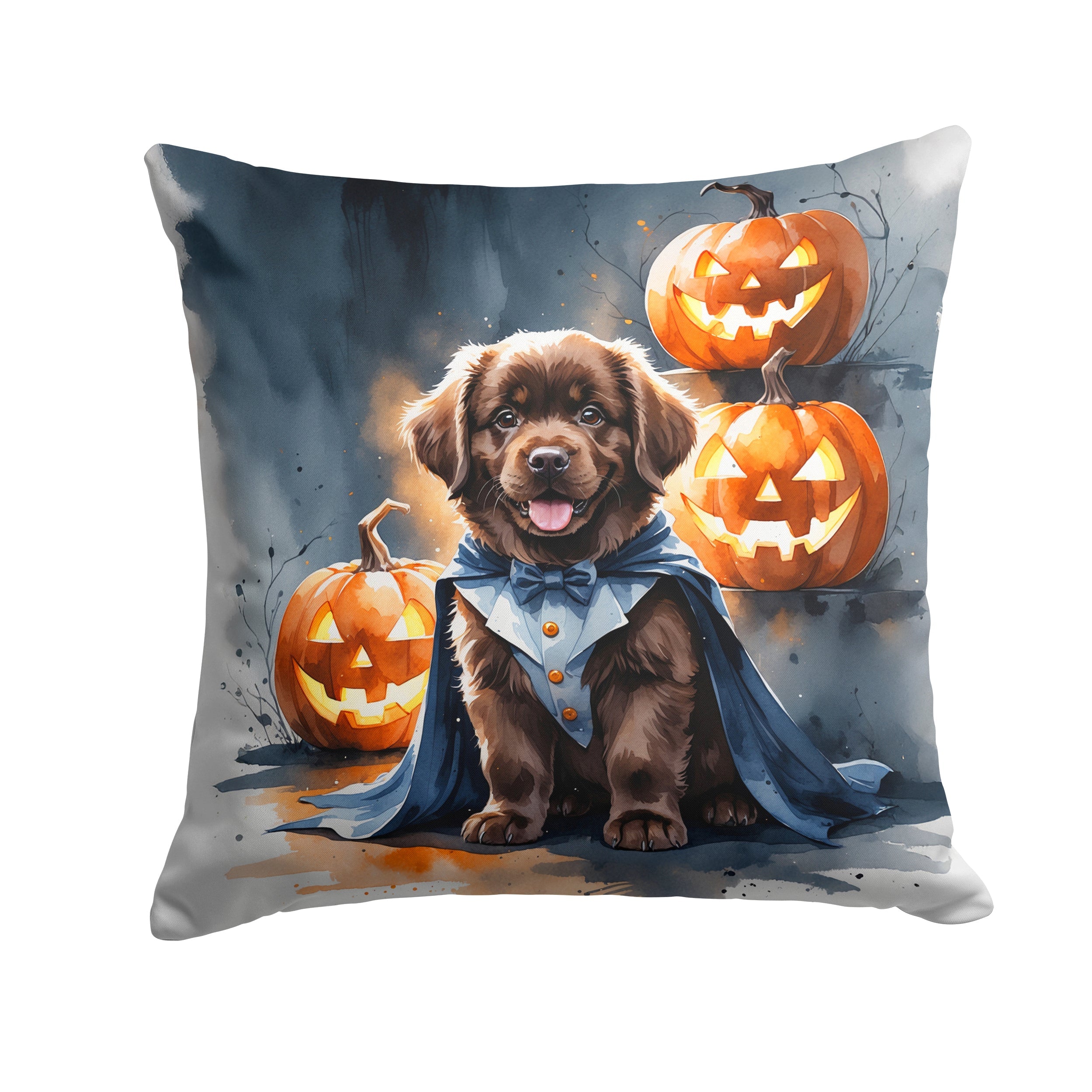 Chocolate Newfoundland Puppy Halloween Decorative Throw Pillow 14x14 Indoor Outdoor Accent Cushion, Fabric Cover with Insert for Sofa, Bed, Porch & Living Room