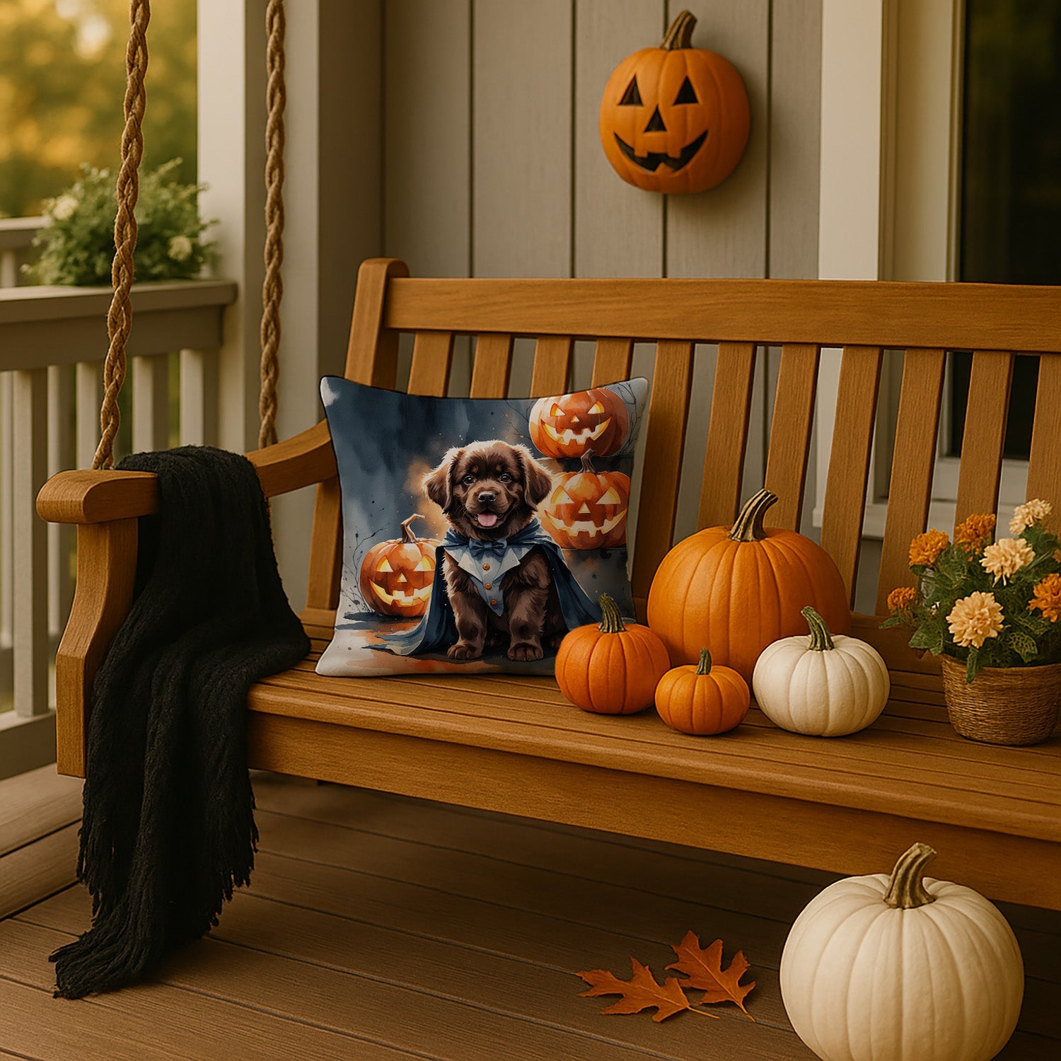 Chocolate Newfoundland Puppy Halloween Decorative Throw Pillow 14x14 Indoor Outdoor Accent Cushion, Fabric Cover with Insert for Sofa, Bed, Porch & Living Room