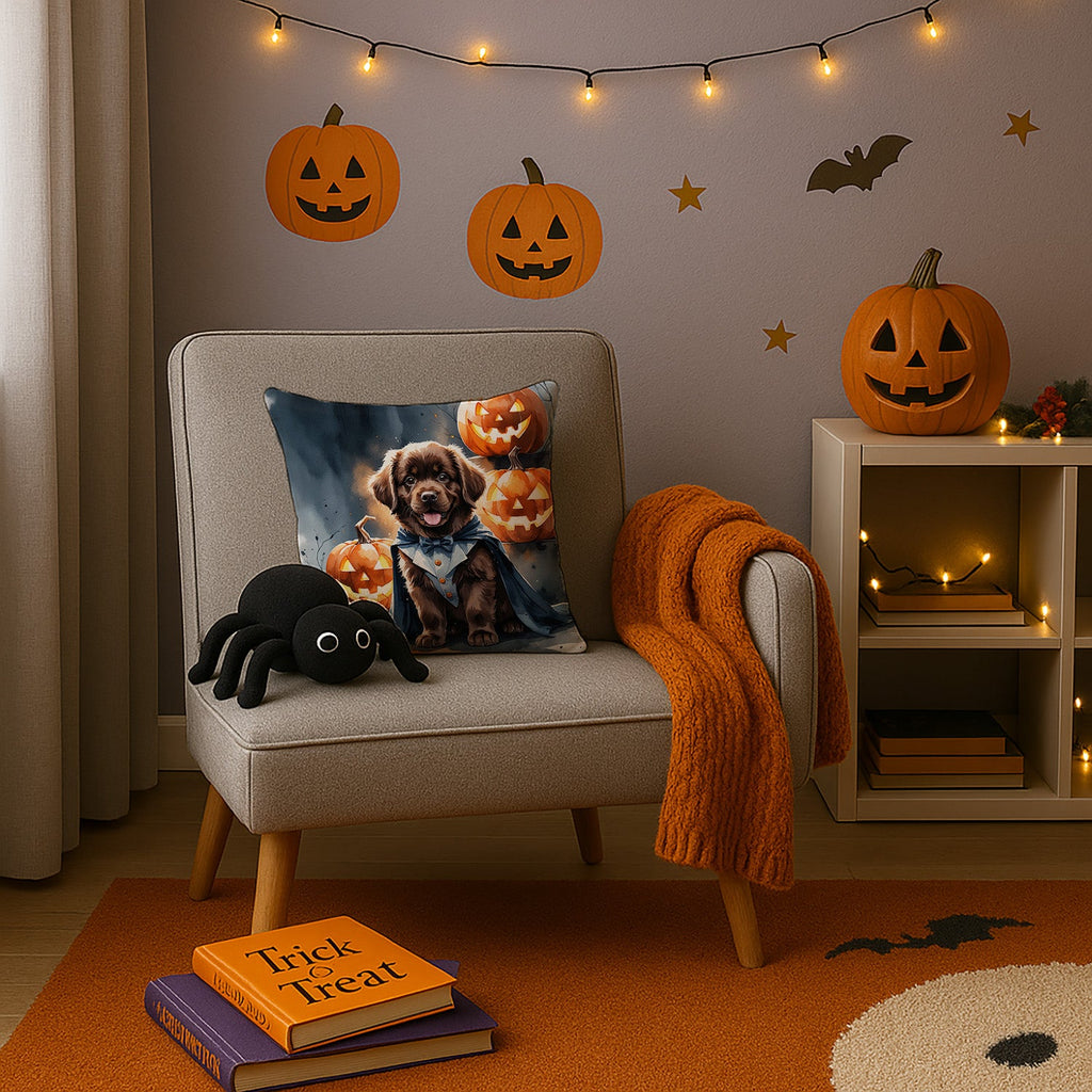 Chocolate Newfoundland Puppy Halloween Decorative Throw Pillow 14x14 Indoor Outdoor Accent Cushion, Fabric Cover with Insert for Sofa, Bed, Porch & Living Room