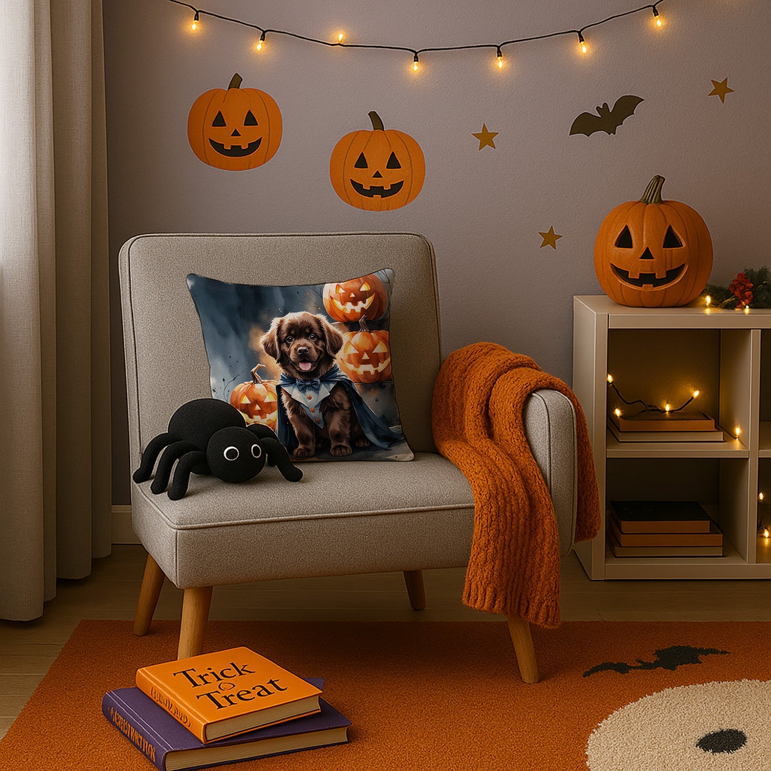 Chocolate Newfoundland Puppy Halloween Decorative Throw Pillow 14x14 Indoor Outdoor Accent Cushion, Fabric Cover with Insert for Sofa, Bed, Porch & Living Room