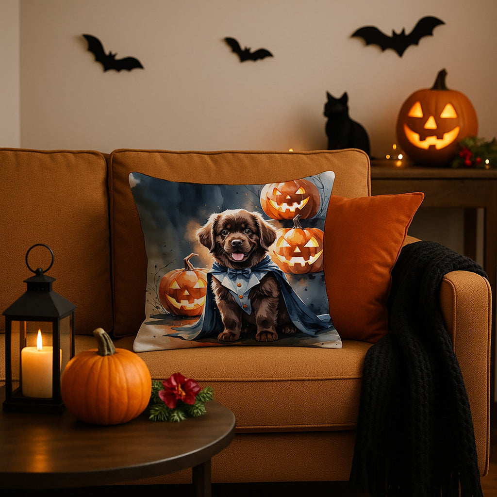 Chocolate Newfoundland Puppy Halloween Decorative Throw Pillow 18x18 Indoor Outdoor Accent Cushion, Fabric Cover with Insert for Sofa, Bed, Porch & Living Room