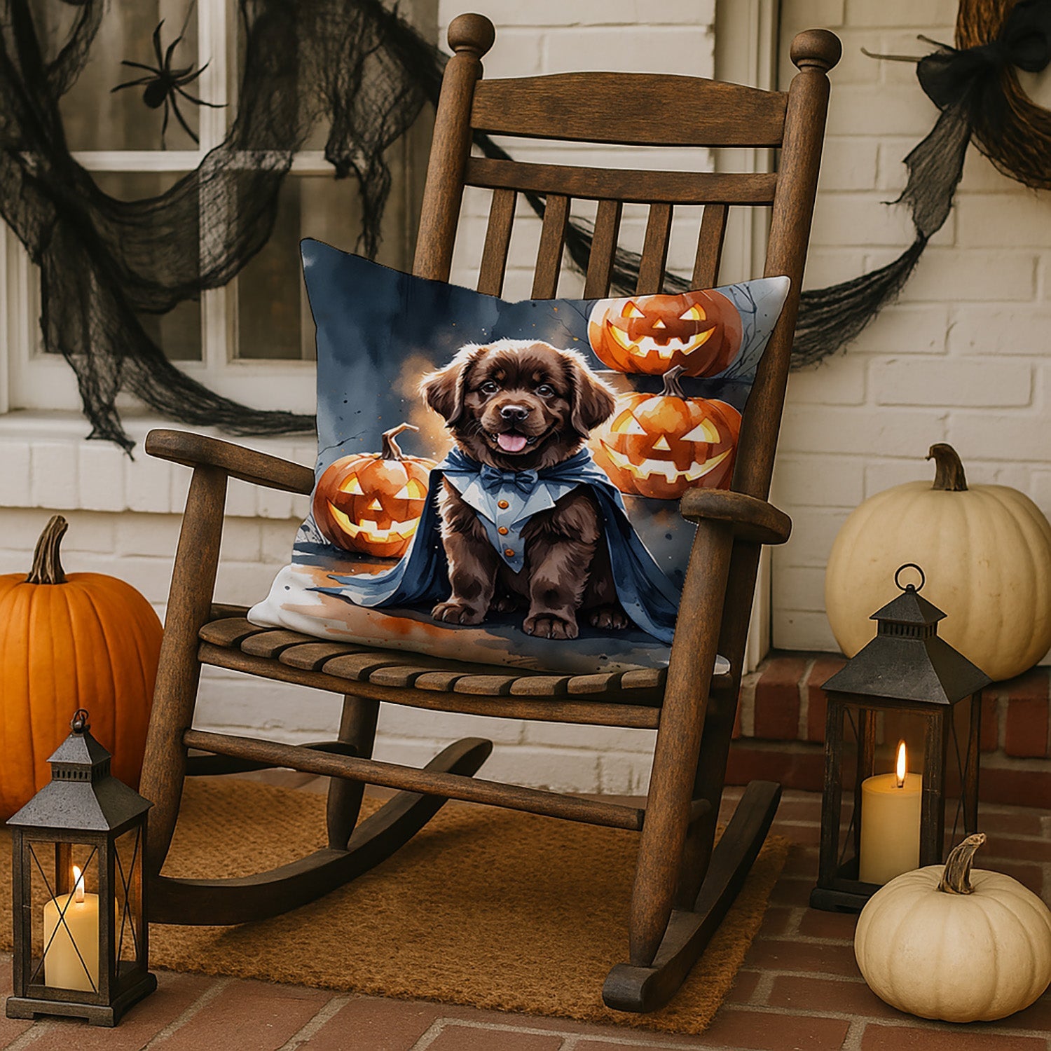 Chocolate Newfoundland Puppy Halloween Decorative Throw Pillow 18x18 Indoor Outdoor Accent Cushion, Fabric Cover with Insert for Sofa, Bed, Porch & Living Room