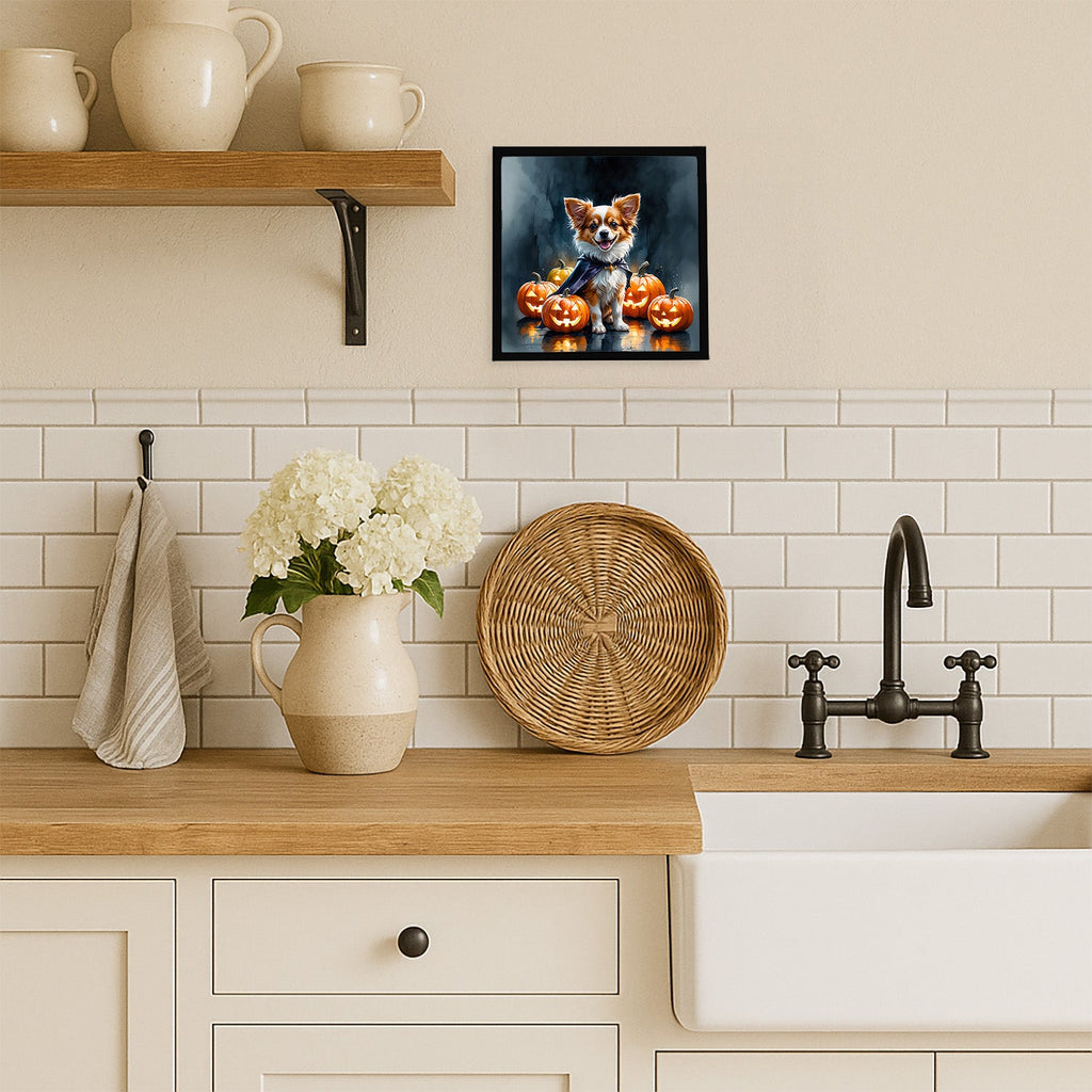 Papillon Puppy Halloween Framed Metal Print Bathroom, Kitchen, Office, Home Decor Wall Art Ready to Hang, Square, 8X8