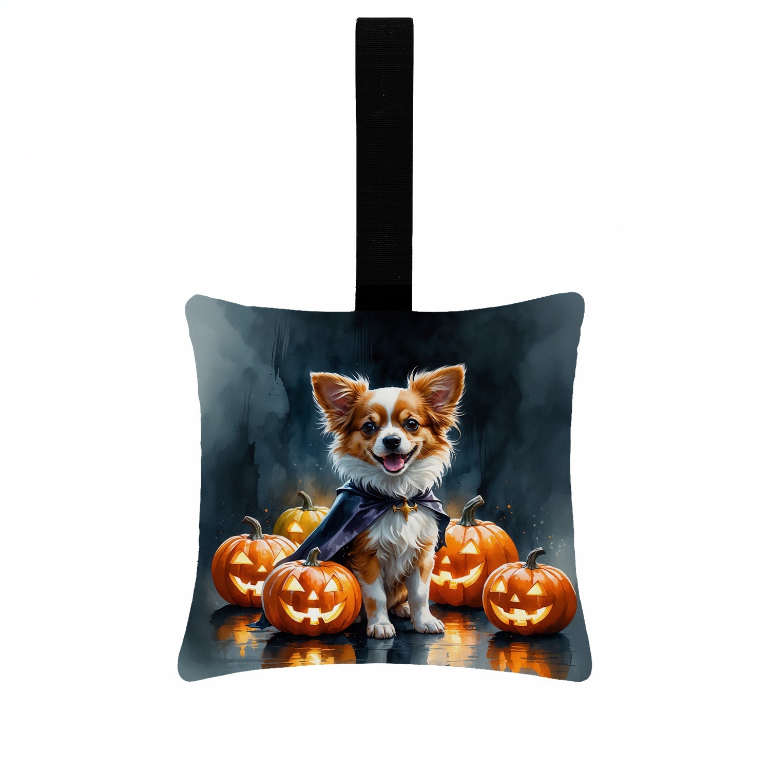 Papillon Puppy Halloween Hanging Square Fabric Ornament 3.5 × 3.5 Decorative Door-Knob & Tree Hanger, Soft Fabric