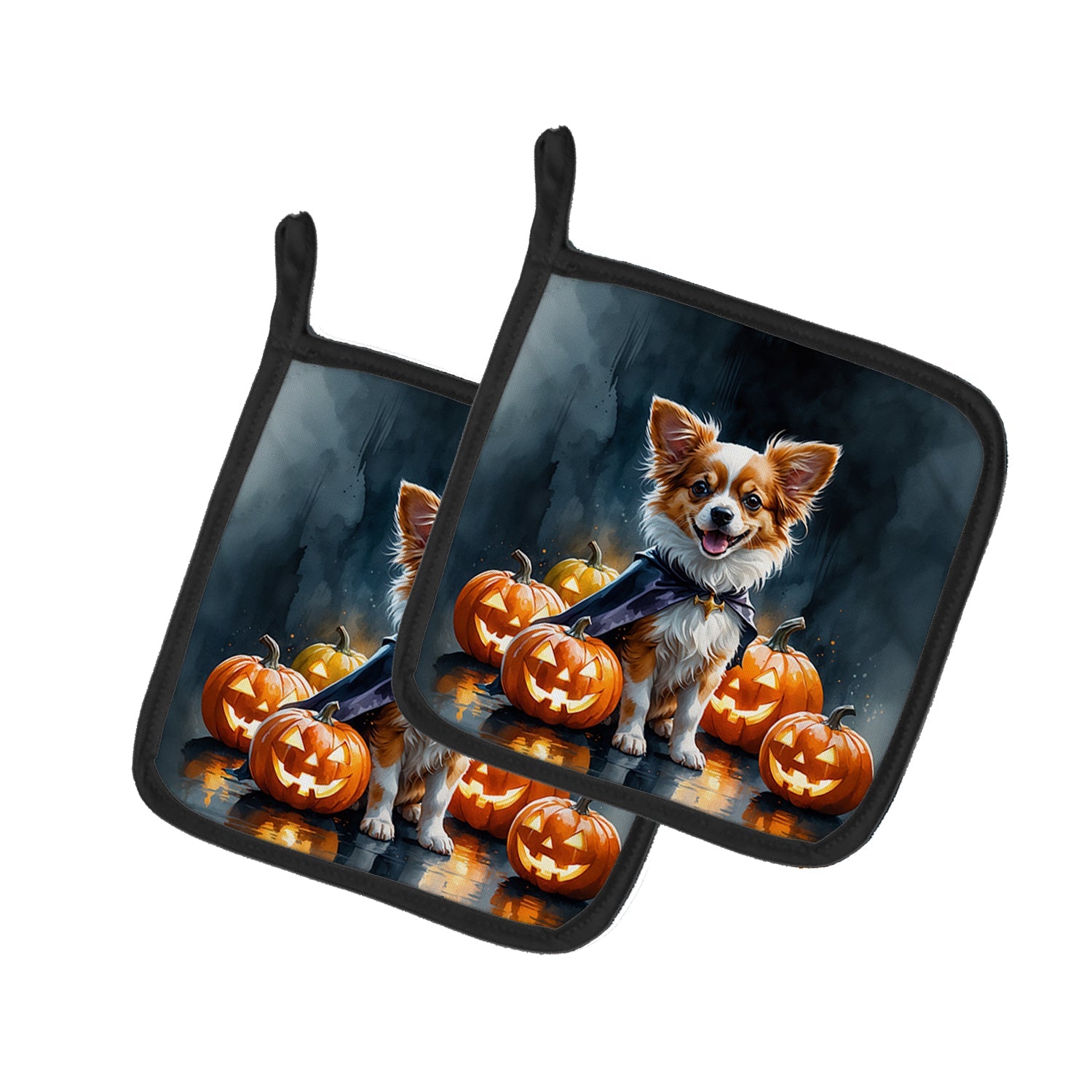 Papillon Puppy Halloween Pot Holder Set of 2 Heat Resistant Quilted Hot Pads 7.5 x 7.5 Inch, Insulated Kitchen Trivets for Cooking & Baking