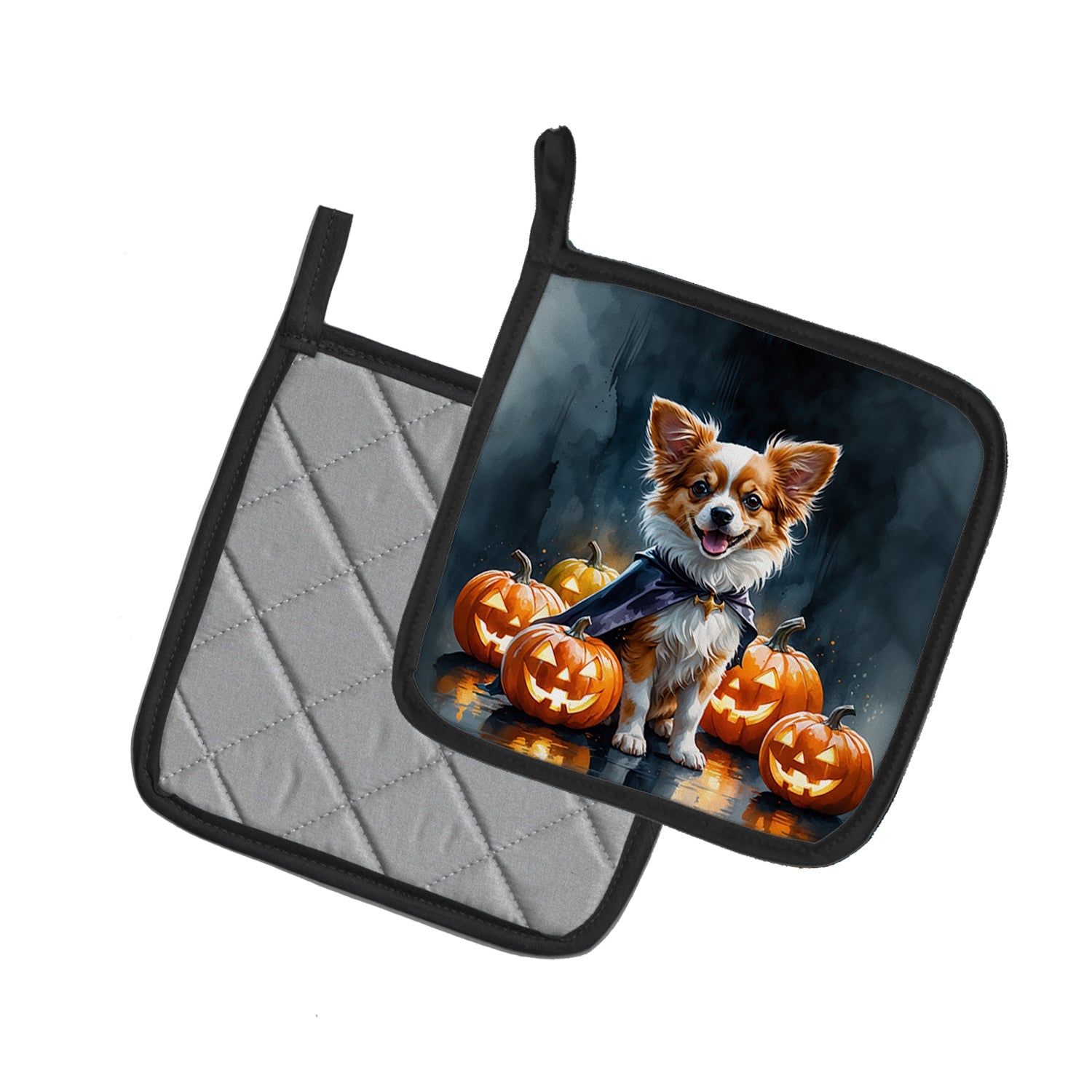 Papillon Puppy Halloween Pot Holder Set of 2 Heat Resistant Quilted Hot Pads 7.5 x 7.5 Inch, Insulated Kitchen Trivets for Cooking & Baking