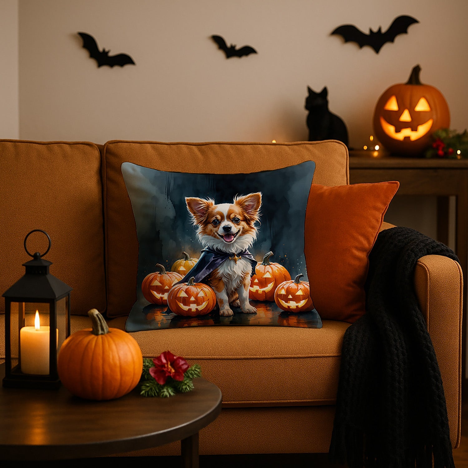 Papillon Puppy Halloween Decorative Throw Pillow 18x18 Indoor Outdoor Accent Cushion, Fabric Cover with Insert for Sofa, Bed, Porch & Living Room