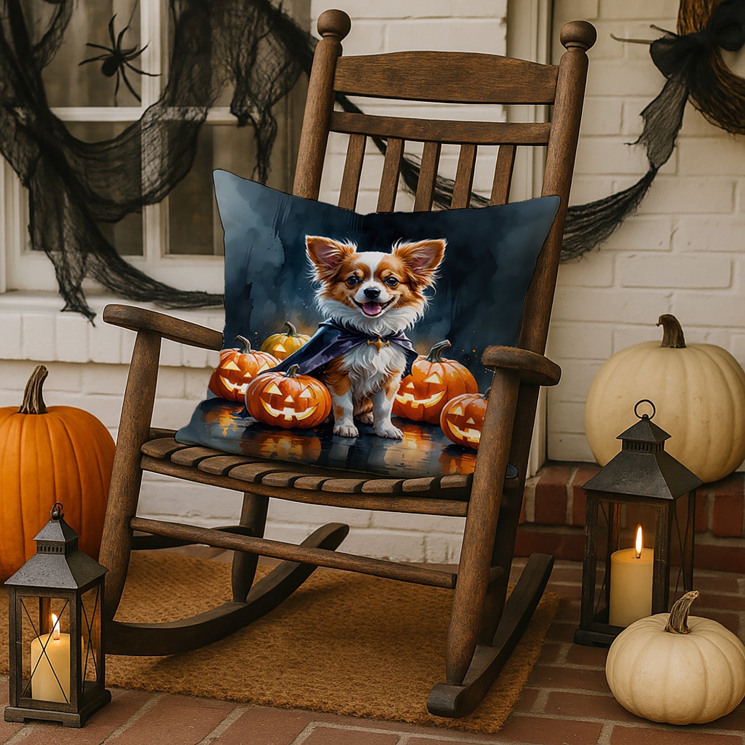 Papillon Puppy Halloween Decorative Throw Pillow 18x18 Indoor Outdoor Accent Cushion, Fabric Cover with Insert for Sofa, Bed, Porch & Living Room