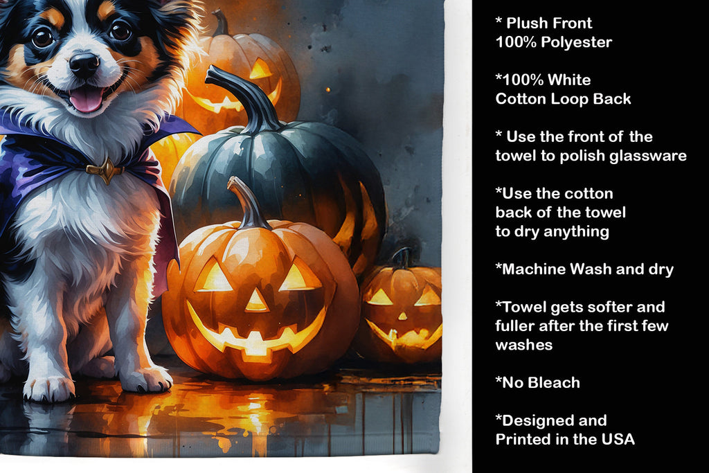 Tricolor Papillon Puppy Halloween Kitchen Towel Velour Plush Front and Cotton Loop Back Machine Washable
