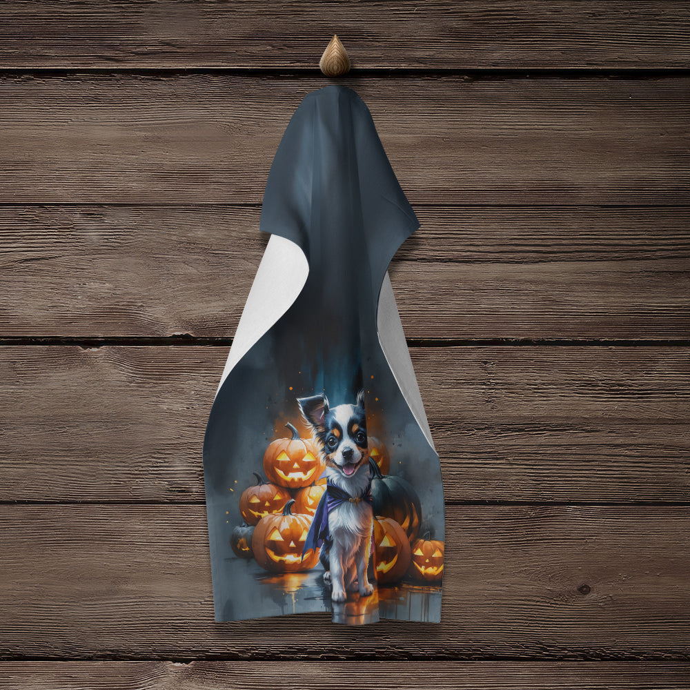 Tricolor Papillon Puppy Halloween Kitchen Towel Velour Plush Front and Cotton Loop Back Machine Washable