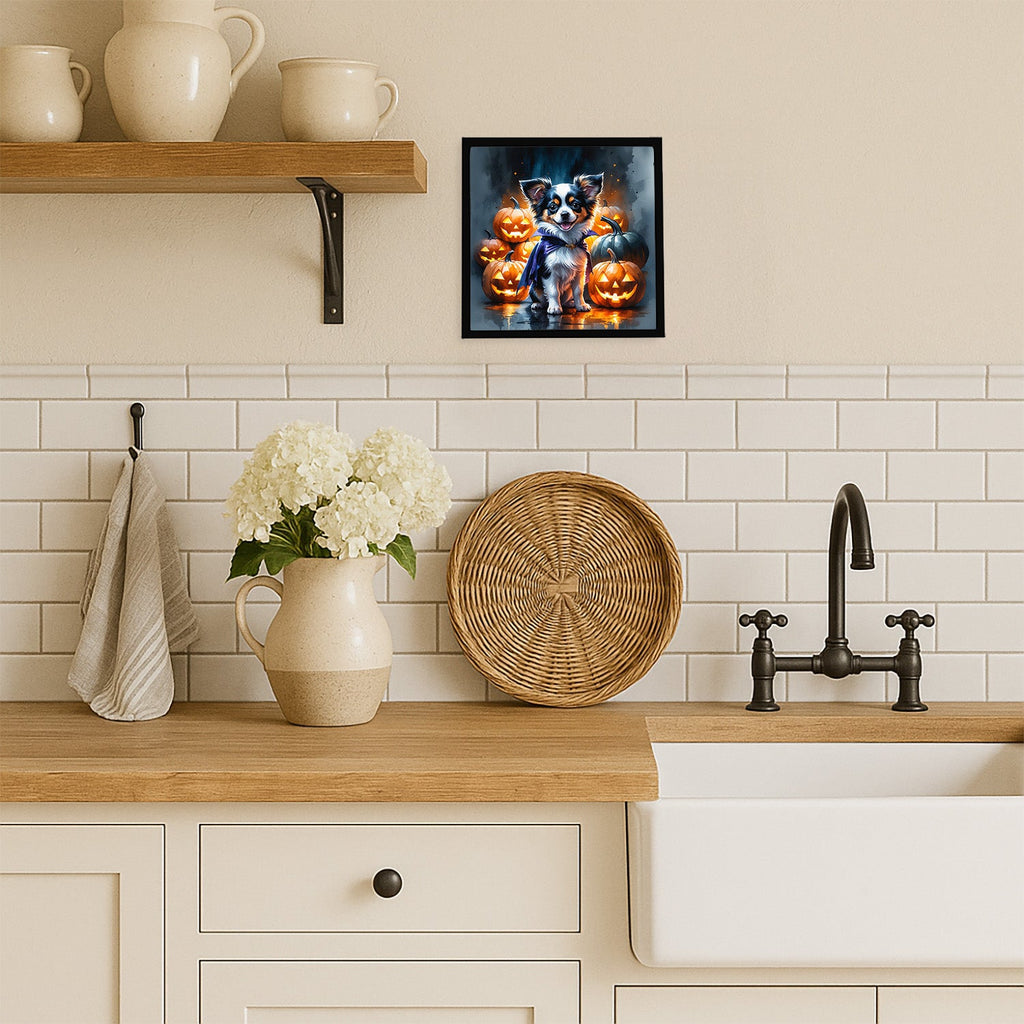 Tricolor Papillon Puppy Halloween Framed Metal Print Bathroom, Kitchen, Office, Home Decor Wall Art Ready to Hang, Square, 8X8