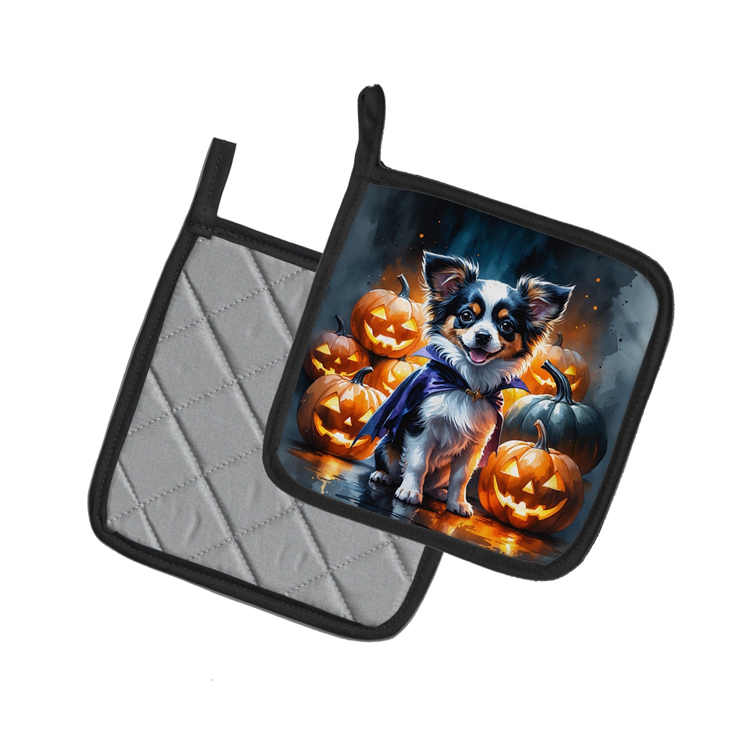 Tricolor Papillon Puppy Halloween Pot Holder Set of 2 Heat Resistant Quilted Hot Pads 7.5 x 7.5 Inch, Insulated Kitchen Trivets for Cooking & Baking