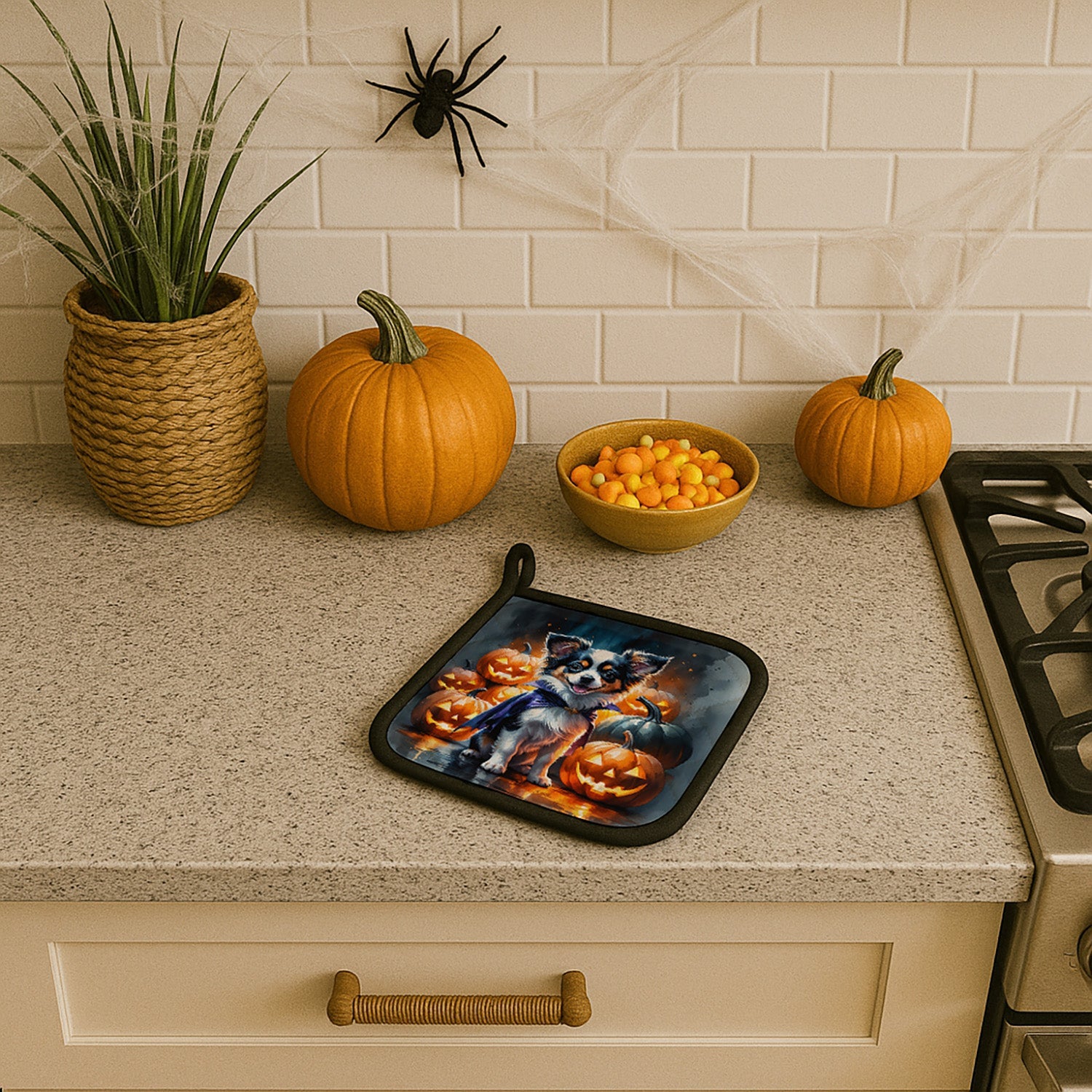 Tricolor Papillon Puppy Halloween Pot Holder Set of 2 Heat Resistant Quilted Hot Pads 7.5 x 7.5 Inch, Insulated Kitchen Trivets for Cooking & Baking