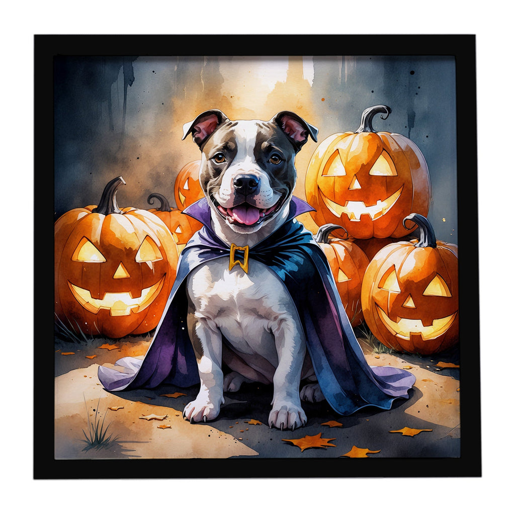 Pit Bull Terrier Puppy Halloween Framed Metal Print Bathroom, Kitchen, Office, Home Decor Wall Art Ready to Hang, Square, 8X8
