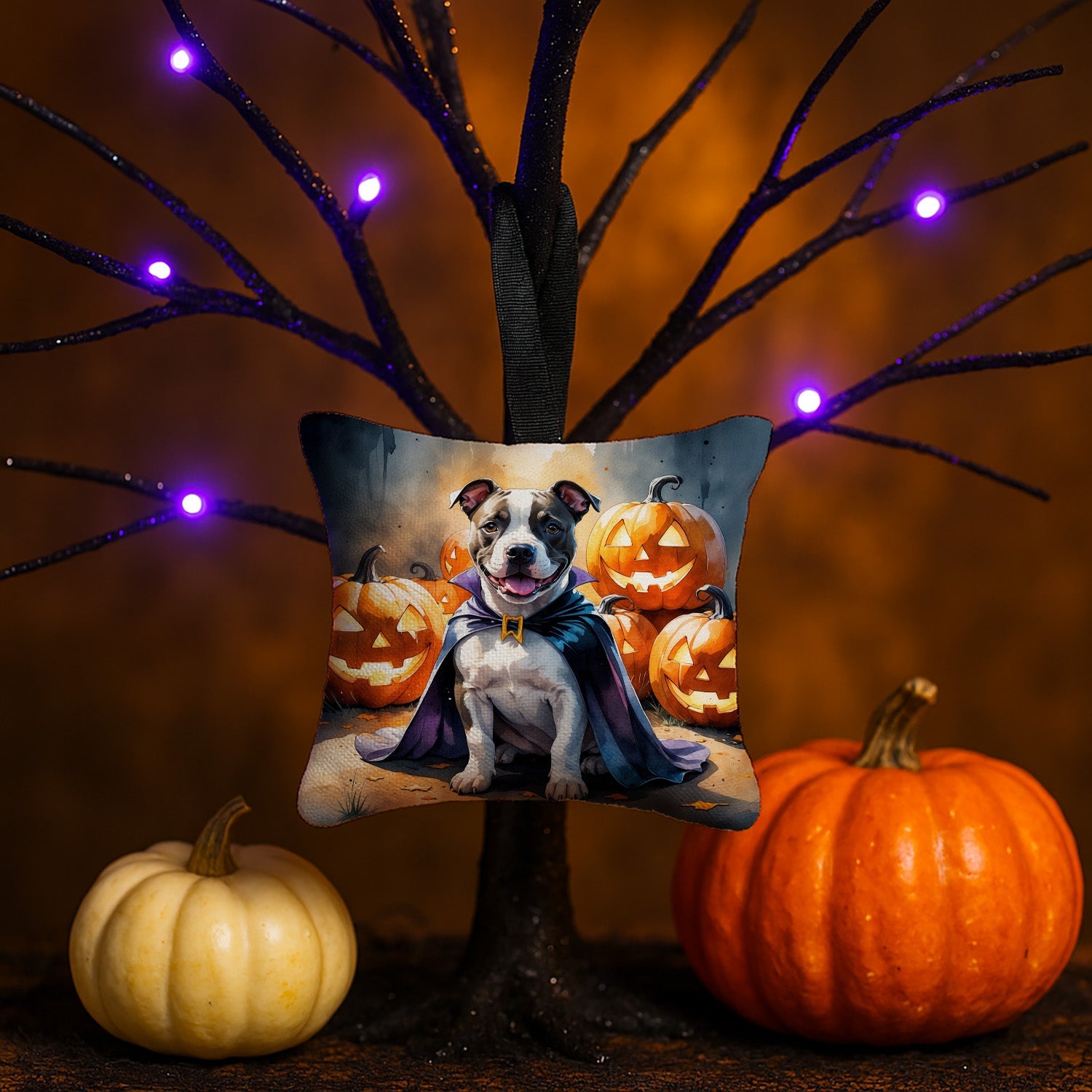 Pit Bull Terrier Puppy Halloween Hanging Square Fabric Ornament 3.5 × 3.5 Decorative Door-Knob & Tree Hanger, Soft Fabric