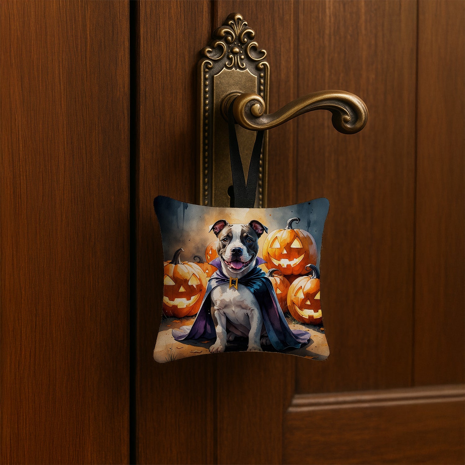Pit Bull Terrier Puppy Halloween Hanging Square Fabric Ornament 3.5 × 3.5 Decorative Door-Knob & Tree Hanger, Soft Fabric