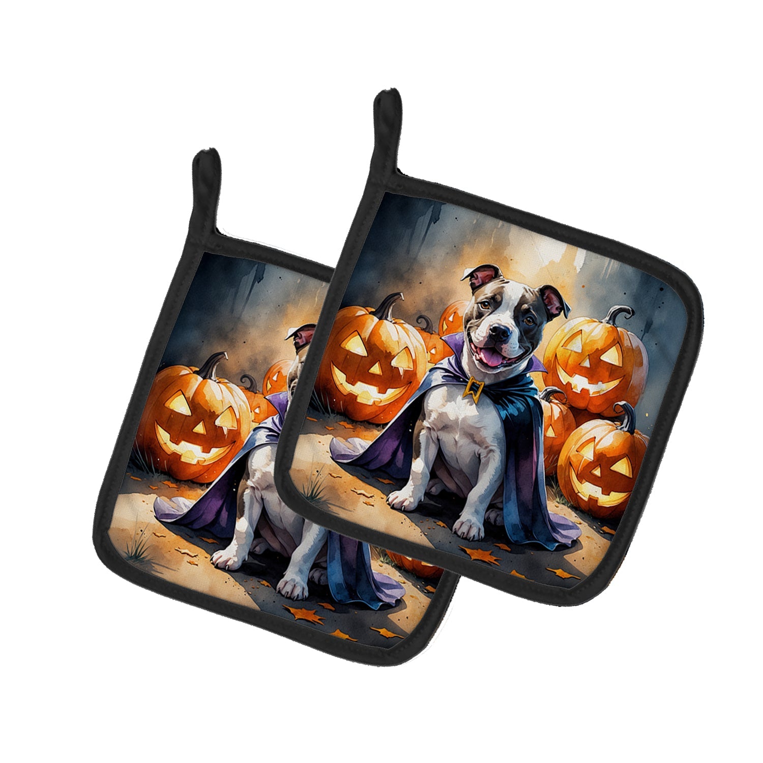 Pit Bull Terrier Puppy Halloween Pot Holder Set of 2 Heat Resistant Quilted Hot Pads 7.5 x 7.5 Inch, Insulated Kitchen Trivets for Cooking & Baking