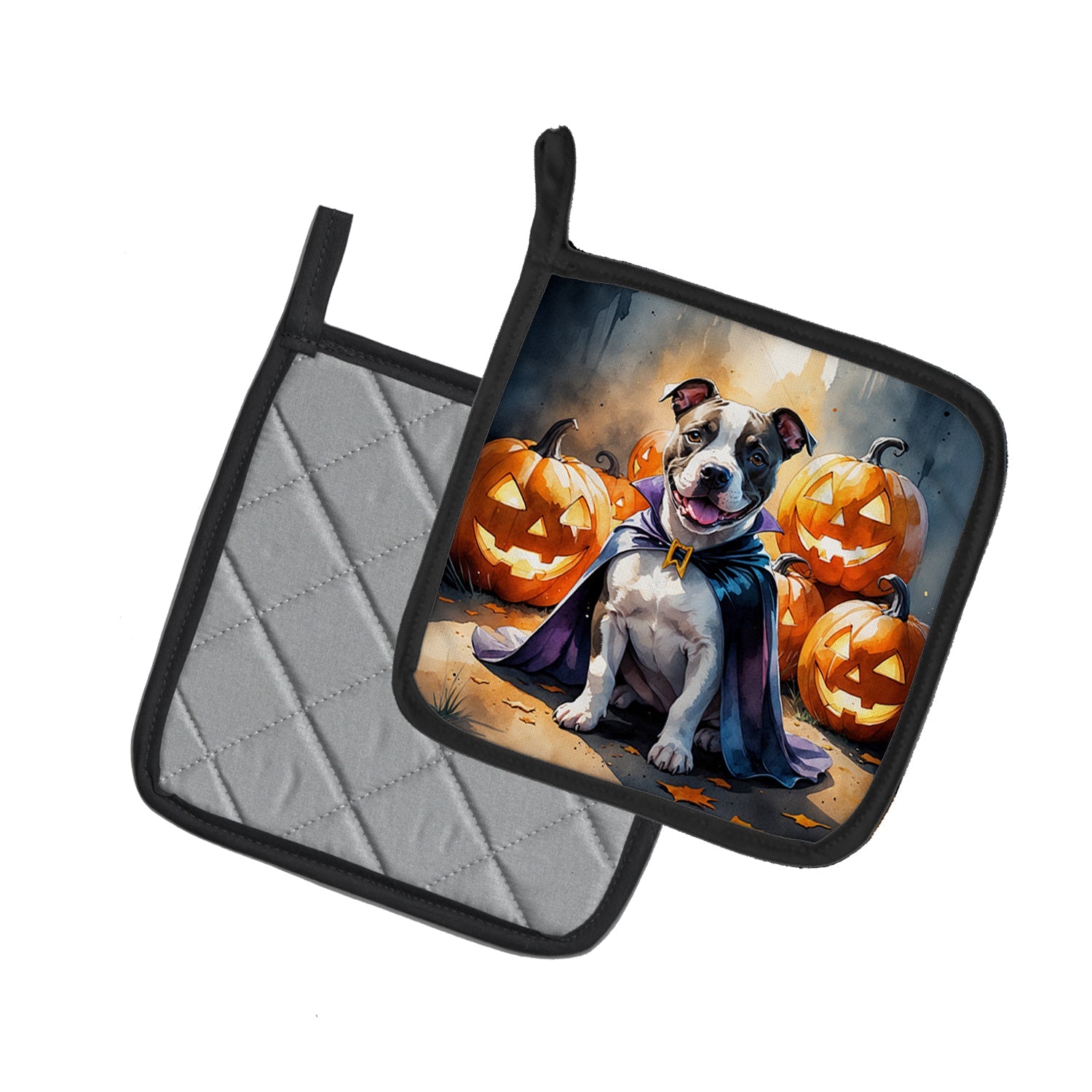 Pit Bull Terrier Puppy Halloween Pot Holder Set of 2 Heat Resistant Quilted Hot Pads 7.5 x 7.5 Inch, Insulated Kitchen Trivets for Cooking & Baking