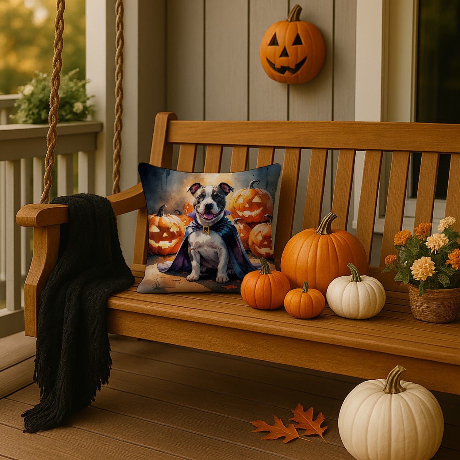 Pit Bull Terrier Puppy Halloween Decorative Throw Pillow 14x14 Indoor Outdoor Accent Cushion, Fabric Cover with Insert for Sofa, Bed, Porch & Living Room