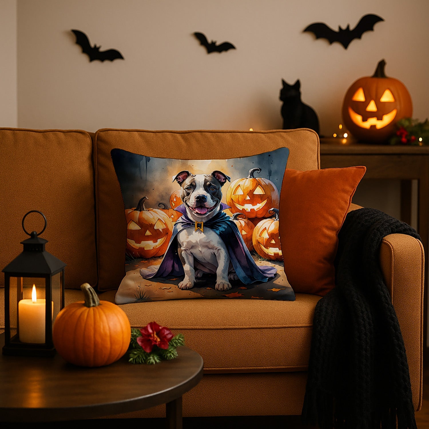 Pit Bull Terrier Puppy Halloween Decorative Throw Pillow 18x18 Indoor Outdoor Accent Cushion, Fabric Cover with Insert for Sofa, Bed, Porch & Living Room