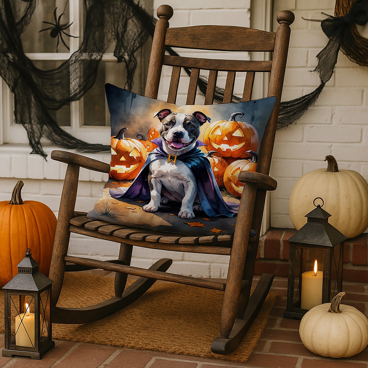 Pit Bull Terrier Puppy Halloween Decorative Throw Pillow 18x18 Indoor Outdoor Accent Cushion, Fabric Cover with Insert for Sofa, Bed, Porch & Living Room