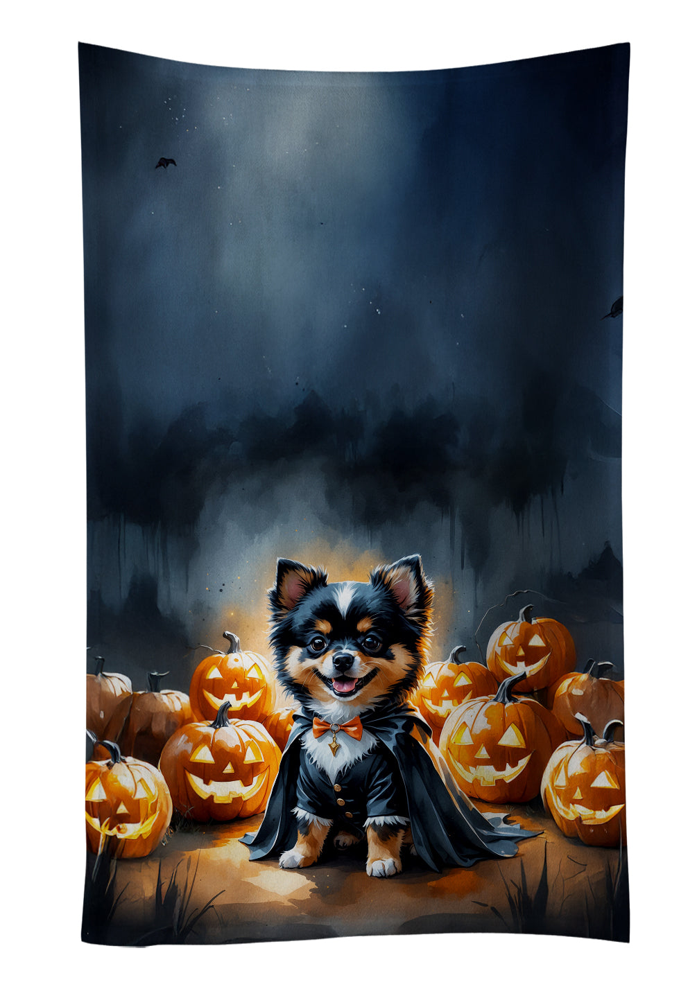 Balck and Tan Pomeranian Puppy Halloween Kitchen Towel Velour Plush Front and Cotton Loop Back Machine Washable
