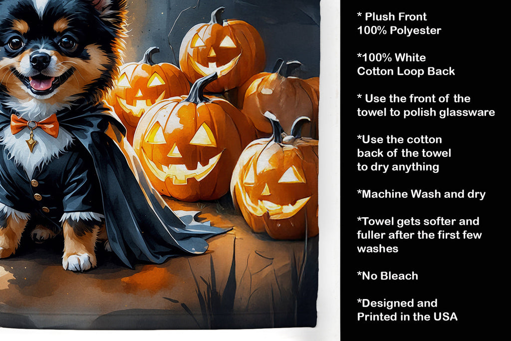 Balck and Tan Pomeranian Puppy Halloween Kitchen Towel Velour Plush Front and Cotton Loop Back Machine Washable