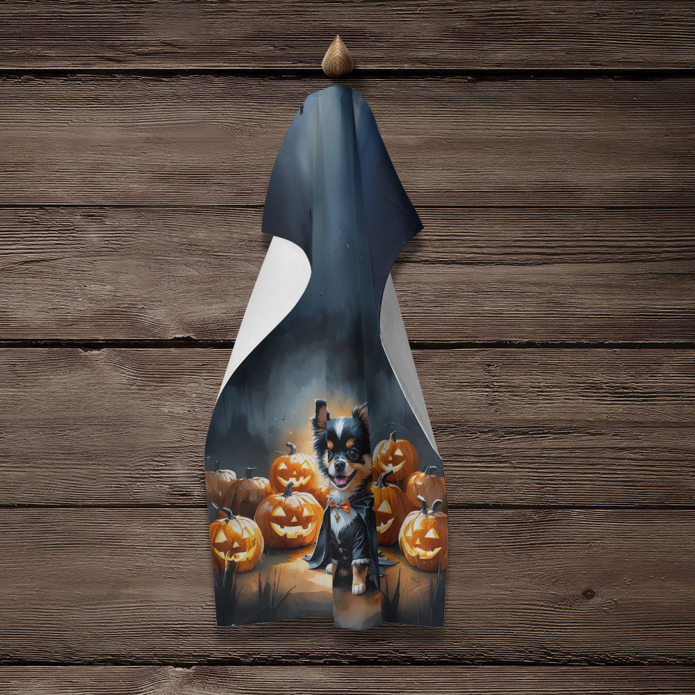 Balck and Tan Pomeranian Puppy Halloween Kitchen Towel Velour Plush Front and Cotton Loop Back Machine Washable