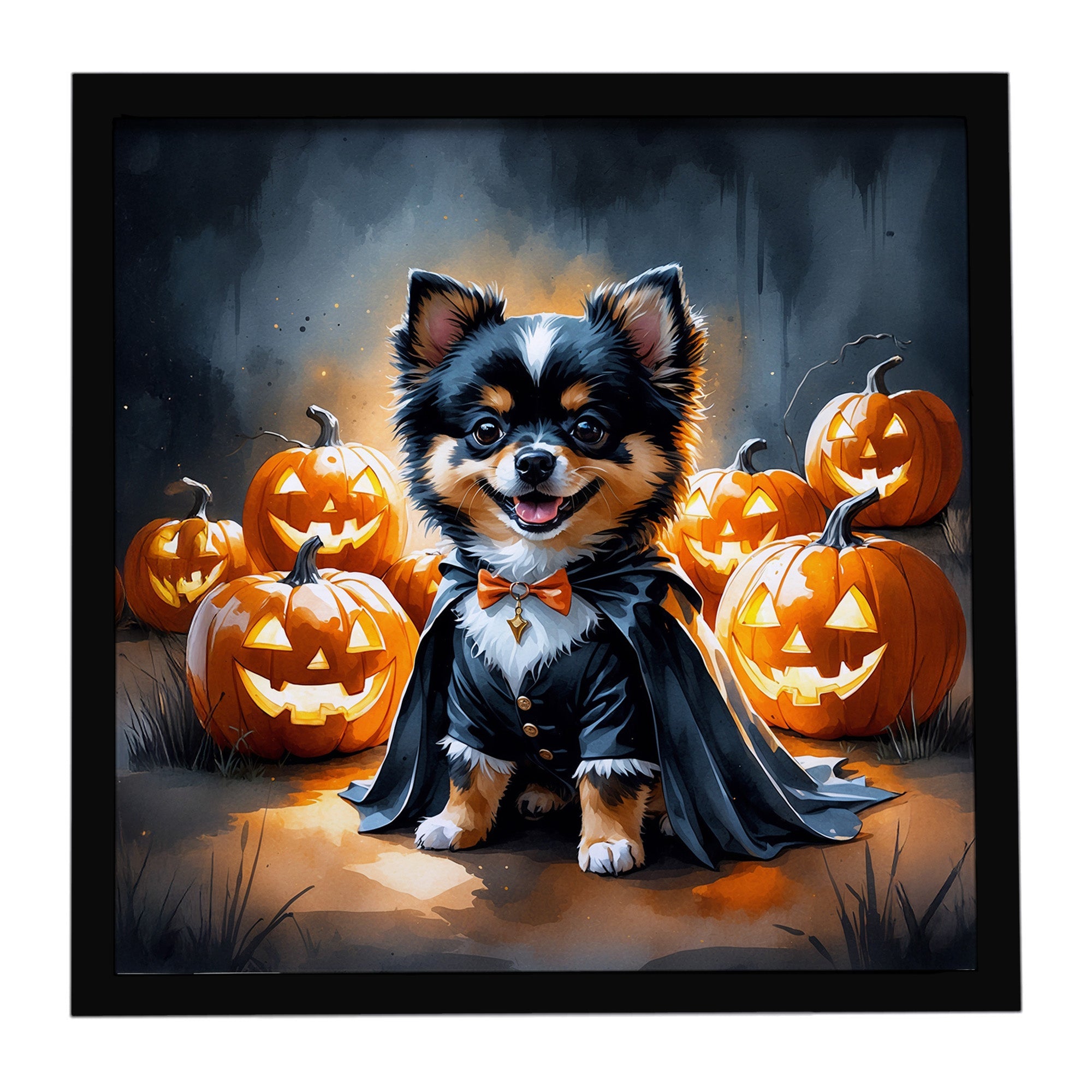 Balck and Tan Pomeranian Puppy Halloween Framed Metal Print Bathroom, Kitchen, Office, Home Decor Wall Art Ready to Hang, Square, 8X8