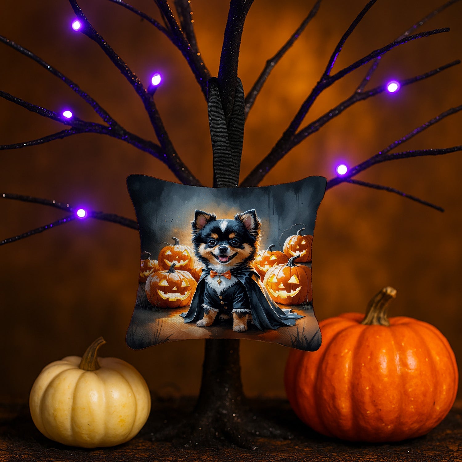 Balck and Tan Pomeranian Puppy Halloween Hanging Square Fabric Ornament 3.5 × 3.5 Decorative Door-Knob & Tree Hanger, Soft Fabric