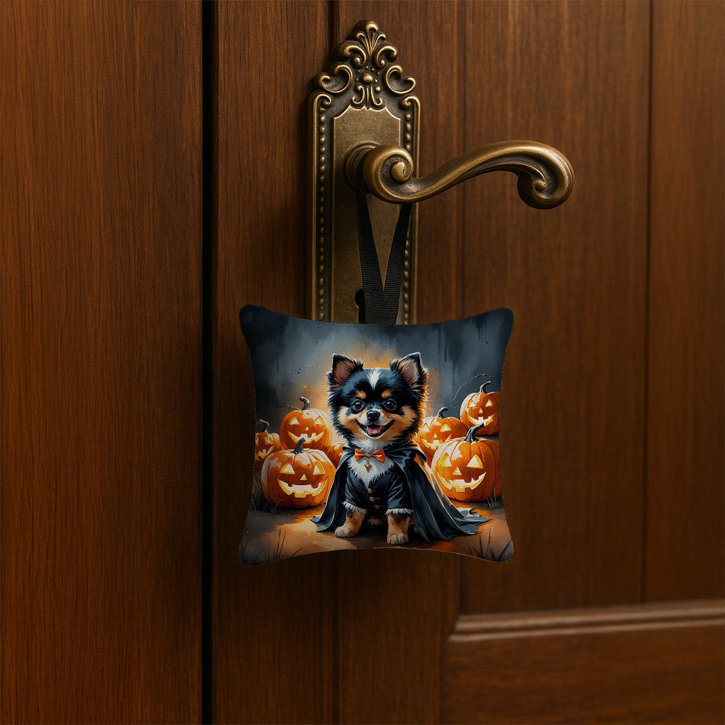Balck and Tan Pomeranian Puppy Halloween Hanging Square Fabric Ornament 3.5 × 3.5 Decorative Door-Knob & Tree Hanger, Soft Fabric