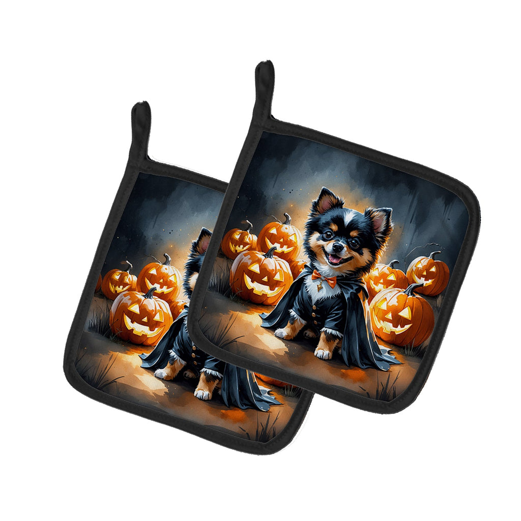 Balck and Tan Pomeranian Puppy Halloween Pot Holder Set of 2 Heat Resistant Quilted Hot Pads 7.5 x 7.5 Inch, Insulated Kitchen Trivets for Cooking & Baking