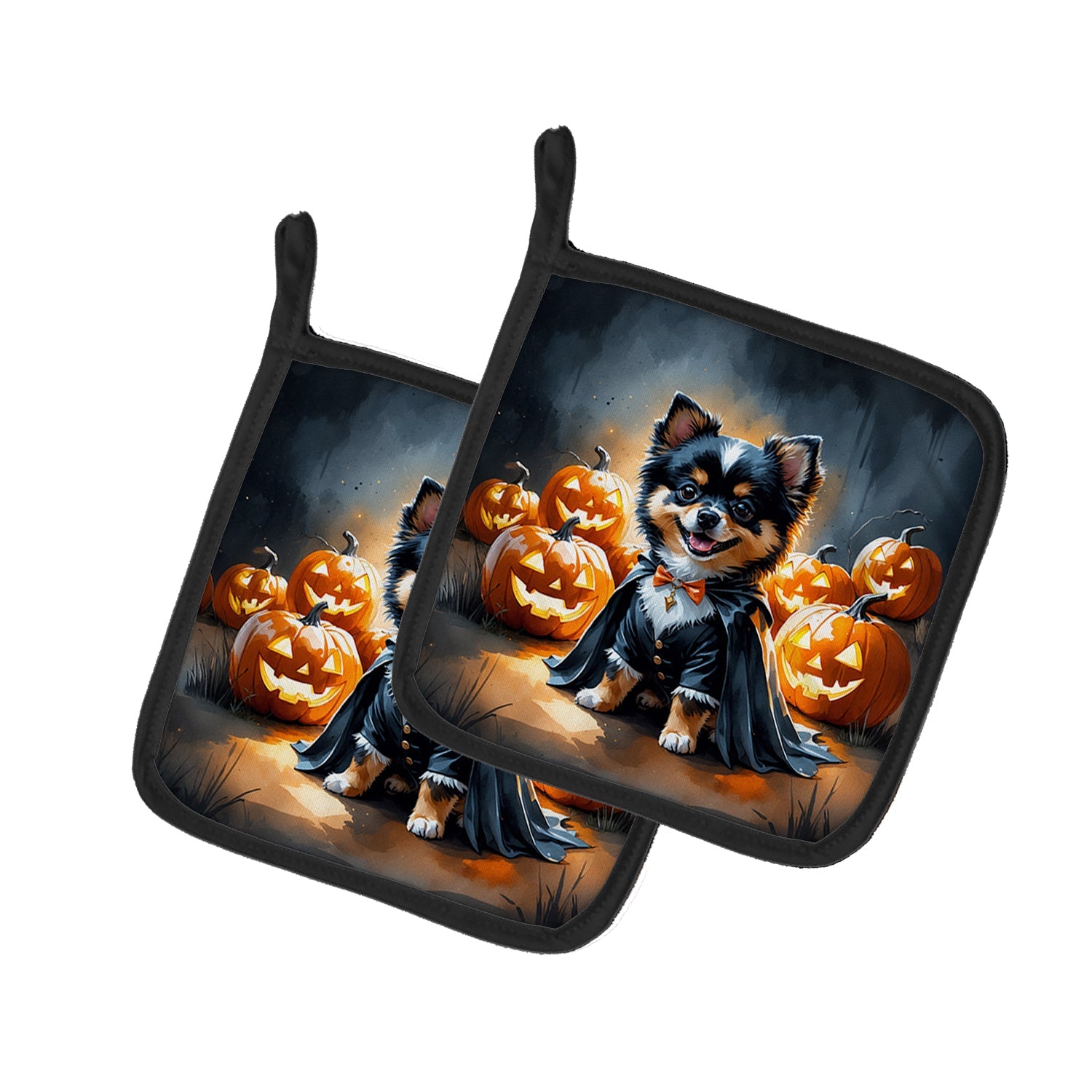 Balck and Tan Pomeranian Puppy Halloween Pot Holder Set of 2 Heat Resistant Quilted Hot Pads 7.5 x 7.5 Inch, Insulated Kitchen Trivets for Cooking & Baking