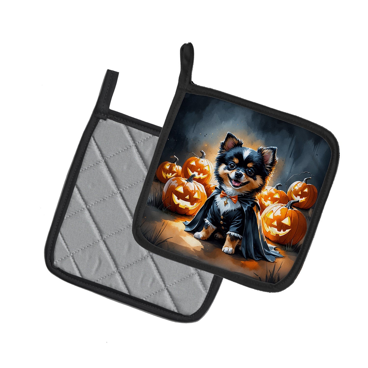 Balck and Tan Pomeranian Puppy Halloween Pot Holder Set of 2 Heat Resistant Quilted Hot Pads 7.5 x 7.5 Inch, Insulated Kitchen Trivets for Cooking & Baking
