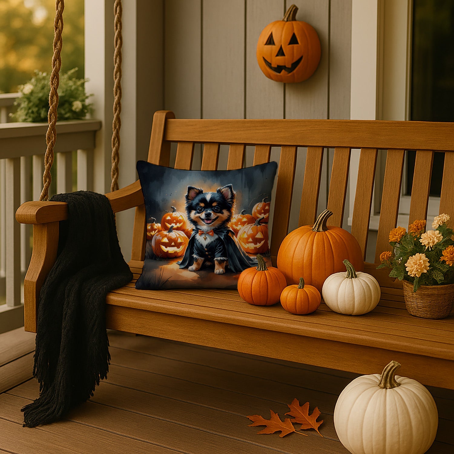 Balck and Tan Pomeranian Puppy Halloween Decorative Throw Pillow 14x14 Indoor Outdoor Accent Cushion, Fabric Cover with Insert for Sofa, Bed, Porch & Living Room