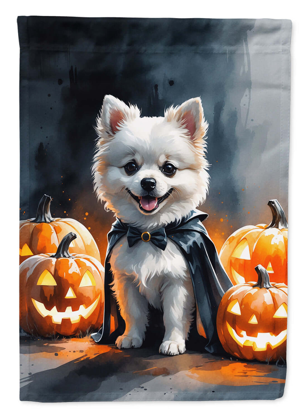 White Pomeranian Puppy Halloween House Flag 28x40 Porch Sleeve Pole Decorative Outside Yard Banner Artwork Wall Hanging, Polyester
