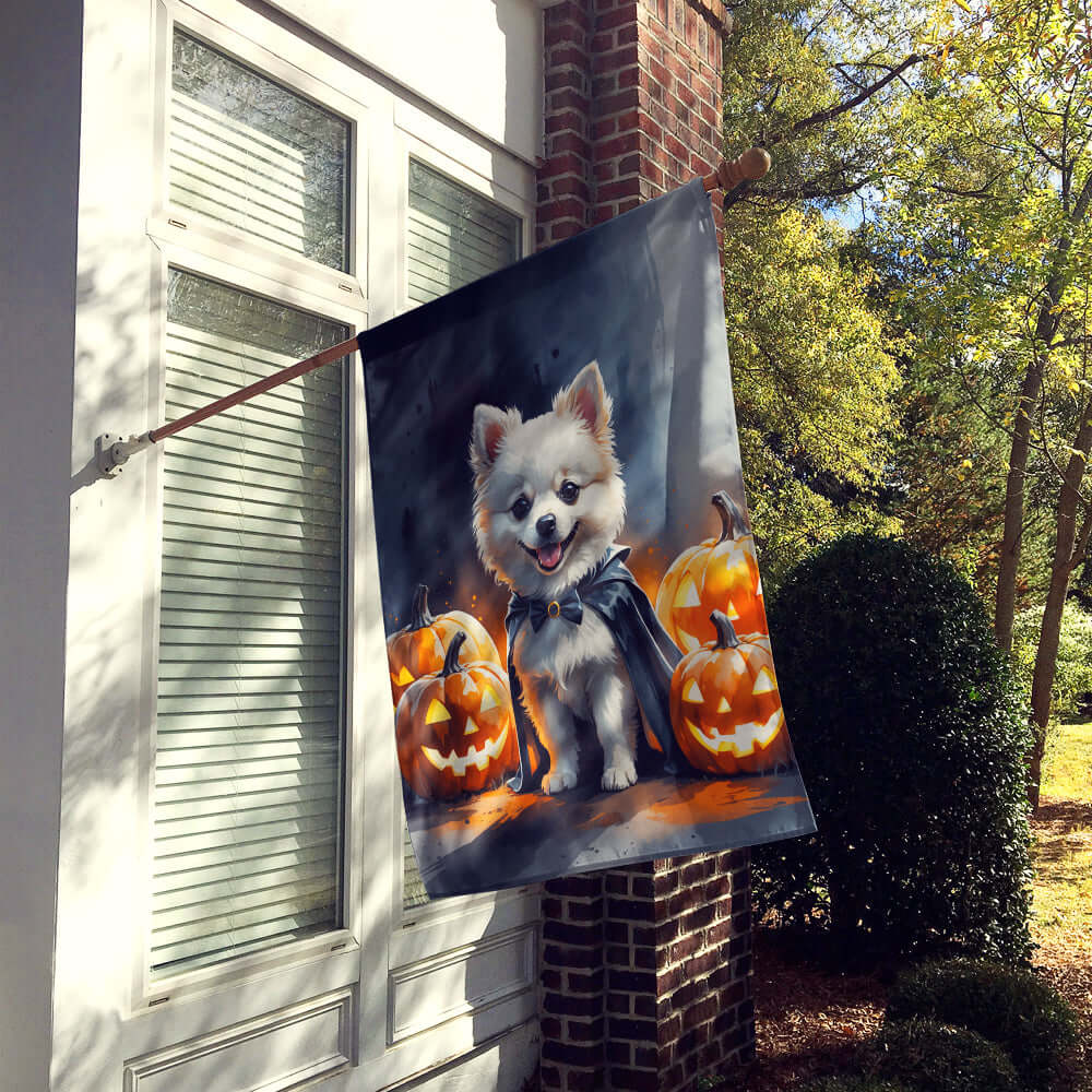 White Pomeranian Puppy Halloween House Flag 28x40 Porch Sleeve Pole Decorative Outside Yard Banner Artwork Wall Hanging, Polyester