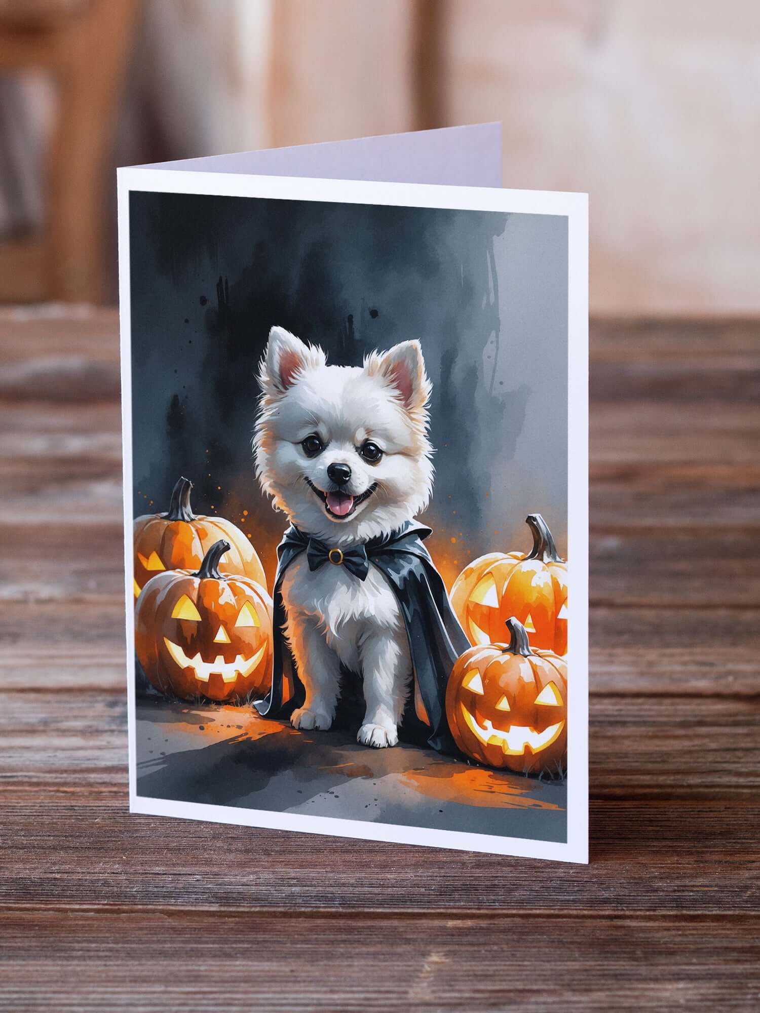 White Pomeranian Puppy Halloween Greeting Cards Pack of 8 Blank Cards with Envelopes Whimsical A7 Size 5x7