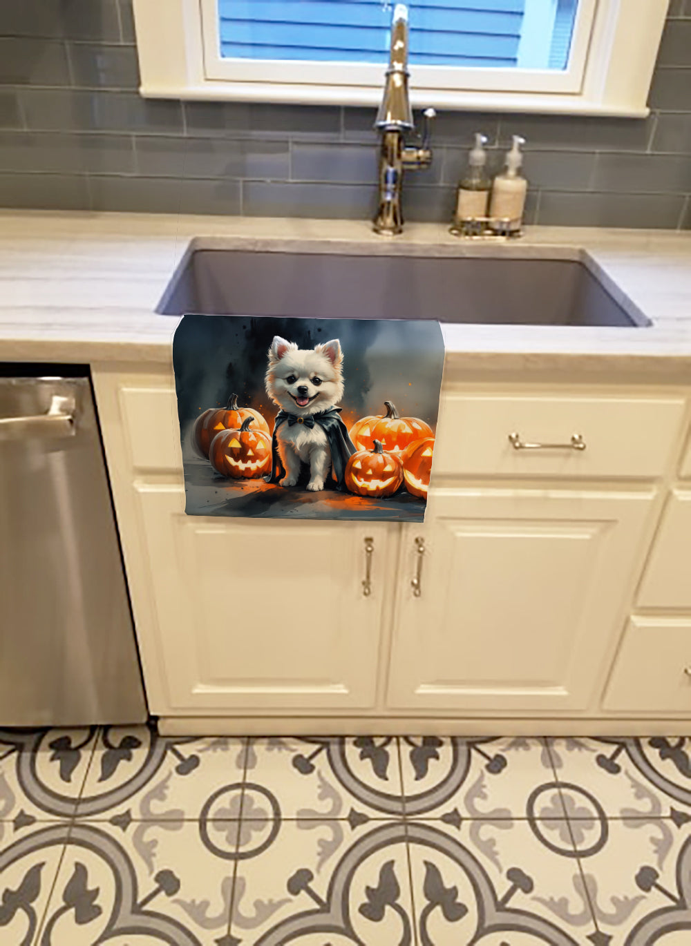 White Pomeranian Puppy Halloween Kitchen Towel Velour Plush Front and Cotton Loop Back Machine Washable
