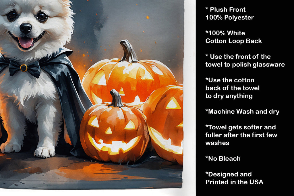 White Pomeranian Puppy Halloween Kitchen Towel Velour Plush Front and Cotton Loop Back Machine Washable