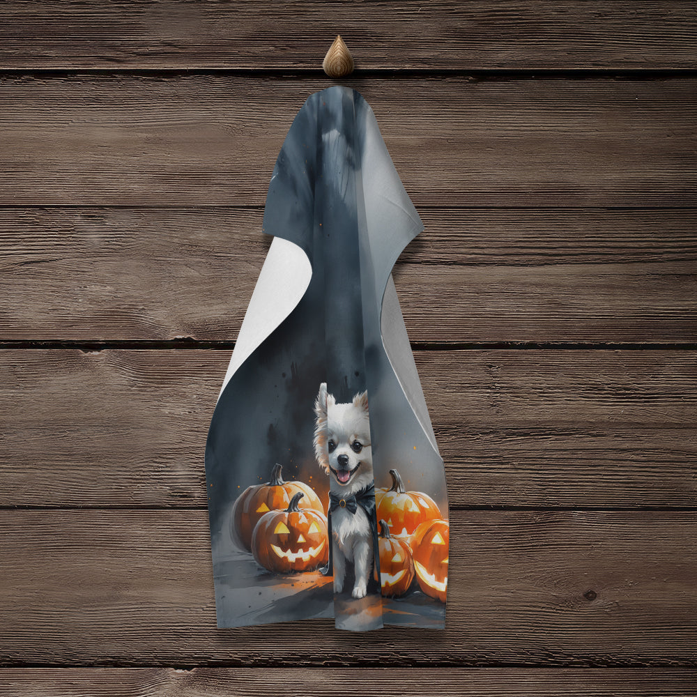 White Pomeranian Puppy Halloween Kitchen Towel Velour Plush Front and Cotton Loop Back Machine Washable