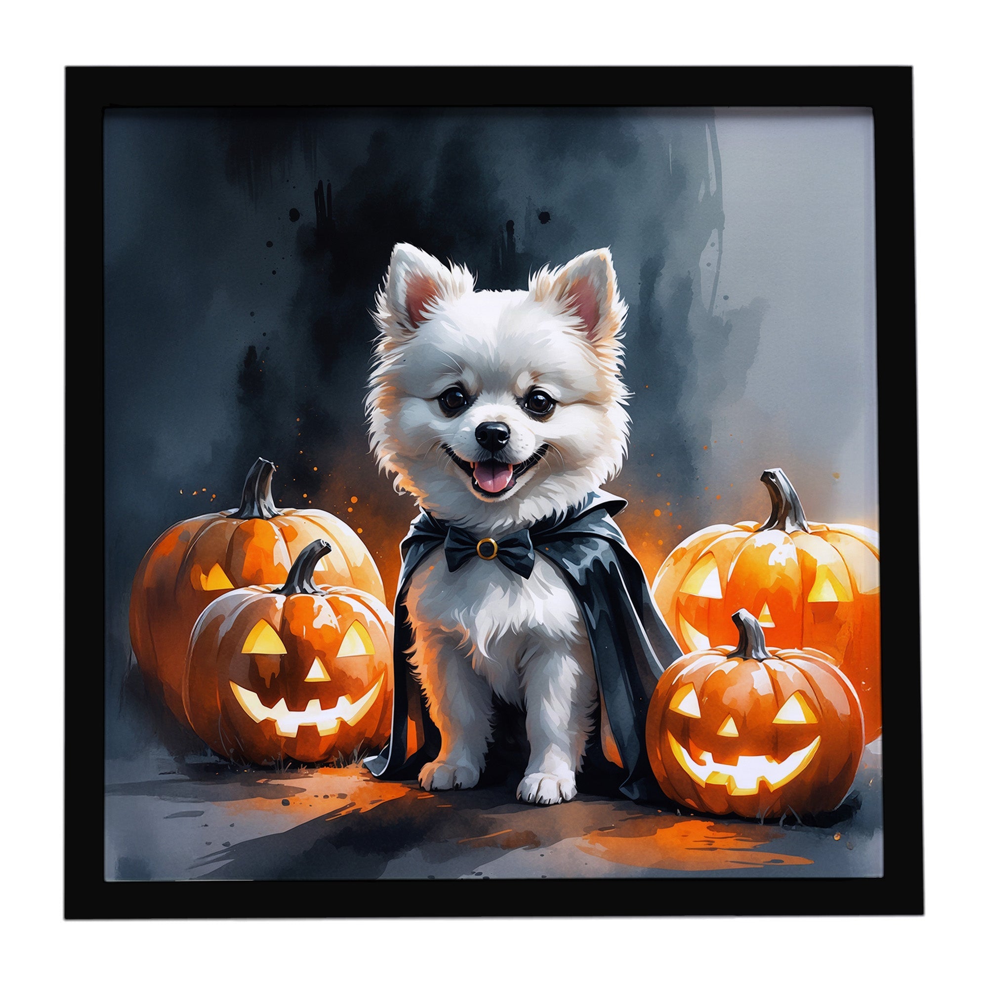 White Pomeranian Puppy Halloween Framed Metal Print Bathroom, Kitchen, Office, Home Decor Wall Art Ready to Hang, Square, 8X8