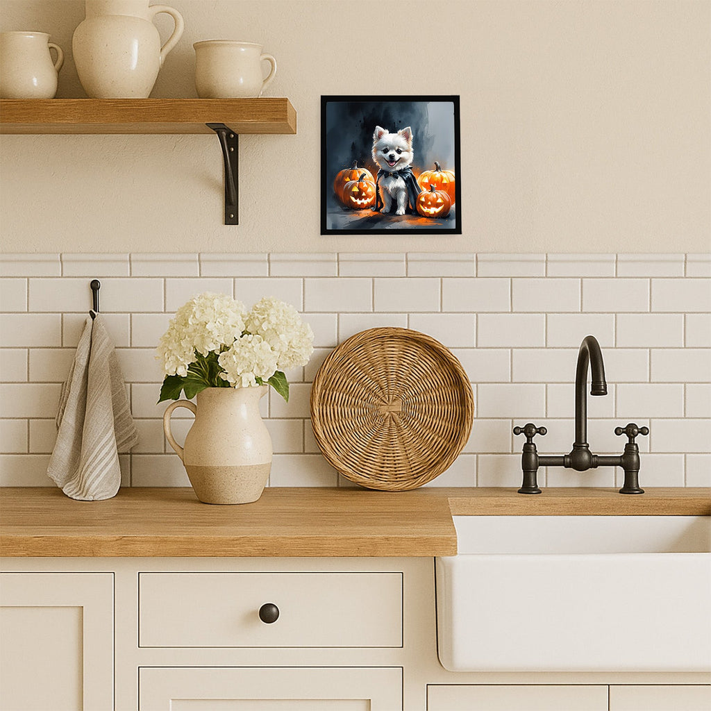 White Pomeranian Puppy Halloween Framed Metal Print Bathroom, Kitchen, Office, Home Decor Wall Art Ready to Hang, Square, 8X8