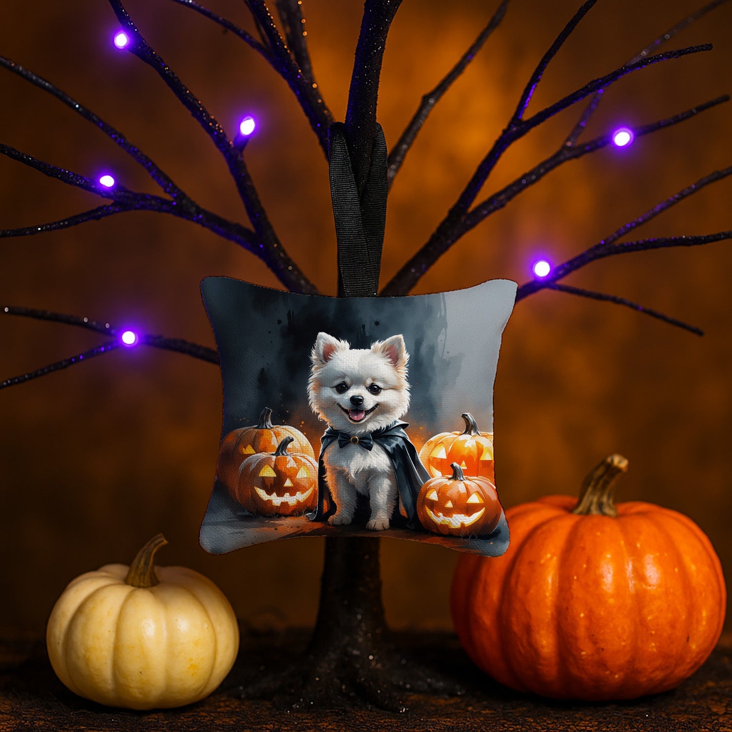 White Pomeranian Puppy Halloween Hanging Square Fabric Ornament 3.5 × 3.5 Decorative Door-Knob & Tree Hanger, Soft Fabric