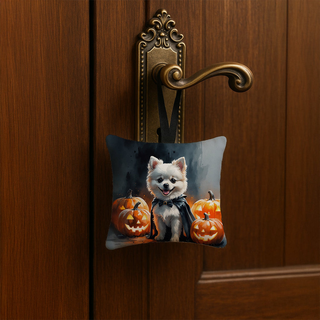 White Pomeranian Puppy Halloween Hanging Square Fabric Ornament 3.5 × 3.5 Decorative Door-Knob & Tree Hanger, Soft Fabric